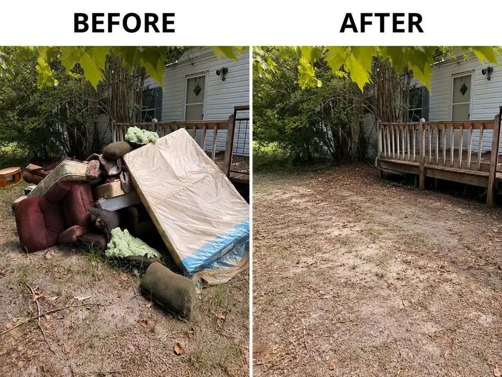 Before and after photo of a backyard cleanup in Blountstown FL — old mattresses, couch and debris hauled away by Panhandle Pro